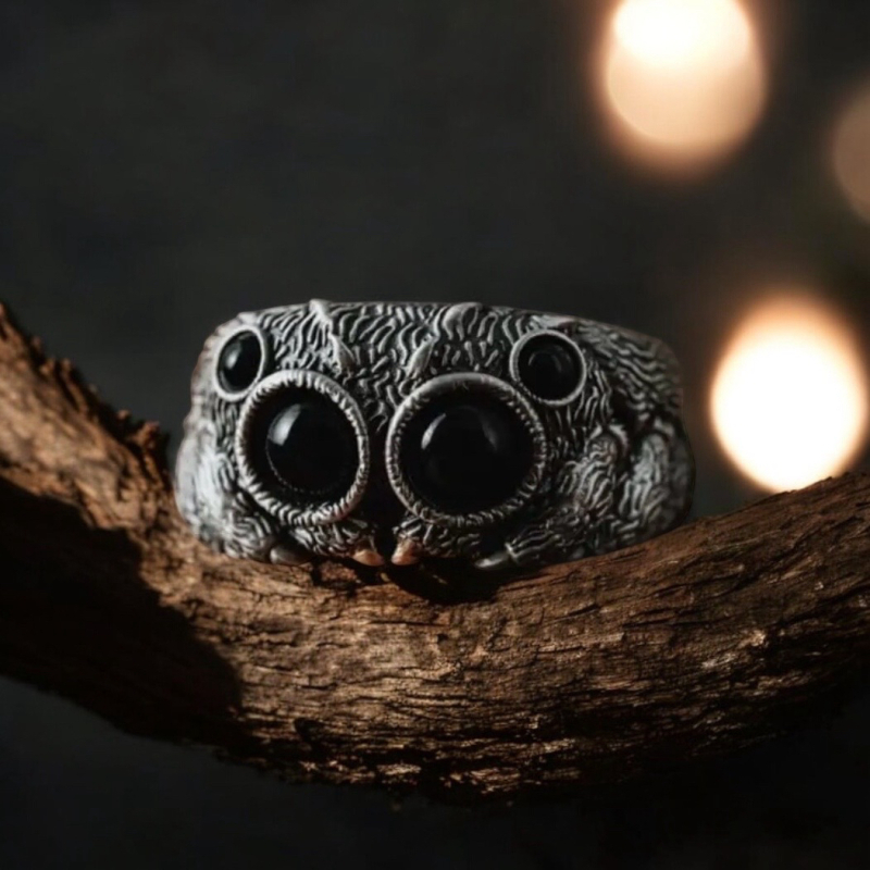 Spider Ring Black Agate Eyeballs Adjustable Open Design