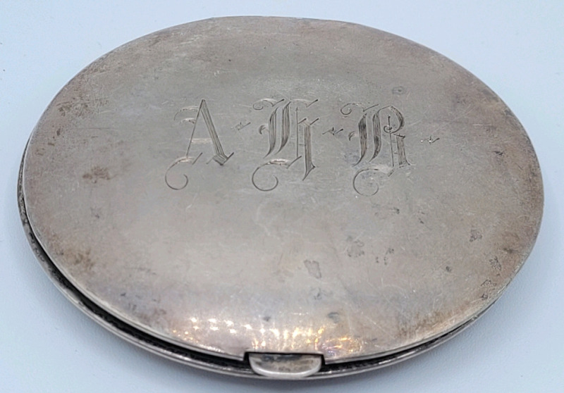Vintage 1945 BIRKS Sterling Ladies Compact with Mirror . Etched Monogram on One Side & Hand Engraved Design on Reverse Side . Measures 3" diameter