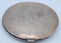 Vintage 1945 BIRKS Sterling Ladies Compact with Mirror . Etched Monogram on One Side & Hand Engraved Design on Reverse Side . Measures 3" diameter