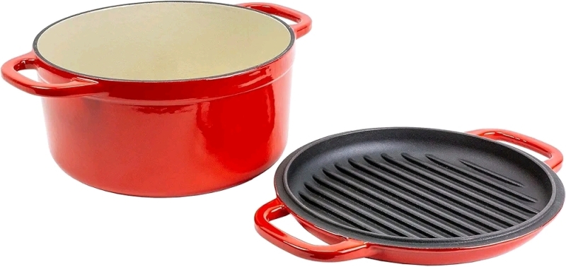 New Lodge 7 Quart Essential Enameled Cast Iron Double Dutch Oven - Dual Handles &ndash; Lid Doubles as Grill Pan, Oven Safe up to 500&deg; F or on Stovetop - Use to Marinate, Cook, Bake, Refrigerate & Serve