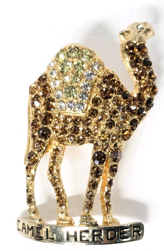 Vintage Signed AVON 866 Rhinestone Concave Camel Herder Brooch - 1.5" x 2.25" Tall