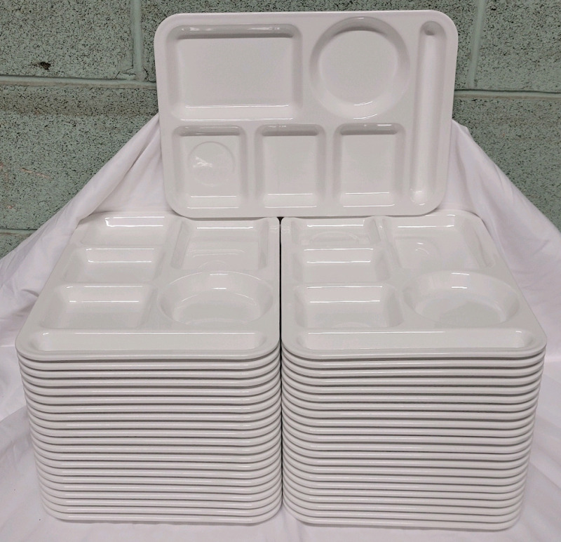 43 New 6-Slot Melamine Ware Dinner Trays , White . Trays measure 14"&times;10"