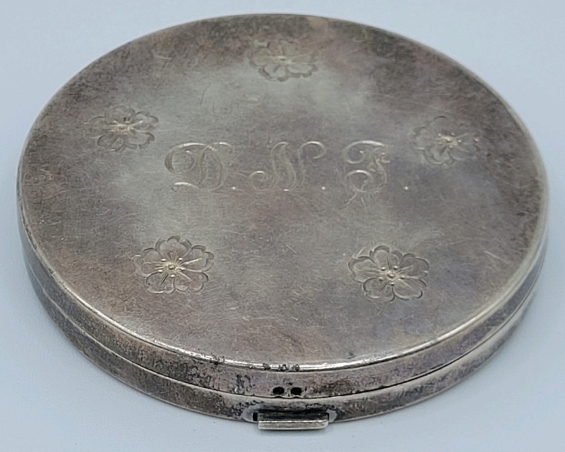Vintage Sterling Silver Ladies Compact w/Mirror . Personalized Initials Engraved in Top . Measures 2 3/4" diameter