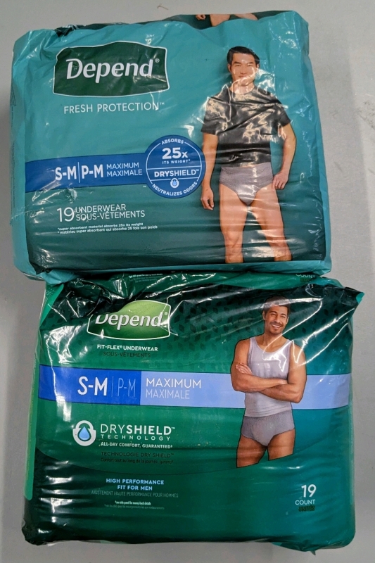 2 New Packs Size S/M Men's DEPEND Maximum High Performance Disposable Underwear - 19 per Pack