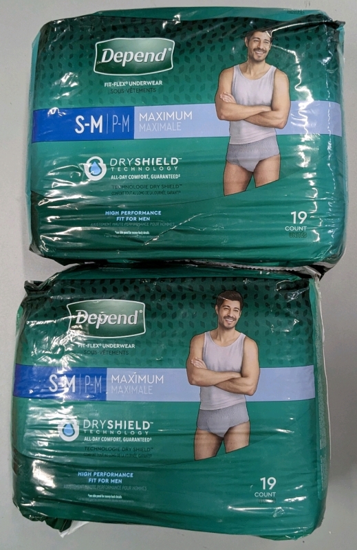 2 New Packs Size S/M Men's DEPEND Maximum High Performance Disposable Underwear - 19 per Pack (26-34" Pant Size)