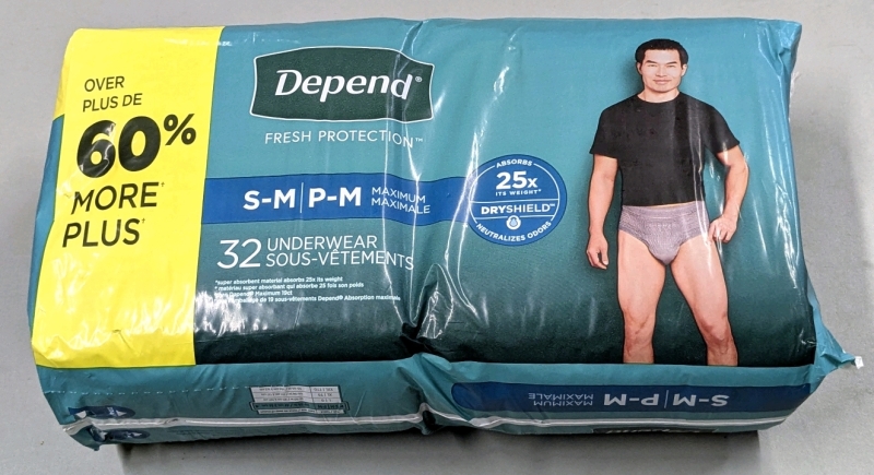 32 New Size S/M Men's DEPEND Maximum High Performance Disposable Underwear (26-34" Pant Size)