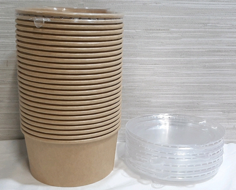 New Pack of Disposable Paper Bowls with Plastic Lids (6" Diameter), 26pc Bowls & 9pc Lids