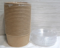 New Pack of Disposable Paper Bowls with Plastic Lids (6" Diameter), 26pc Bowls & 9pc Lids