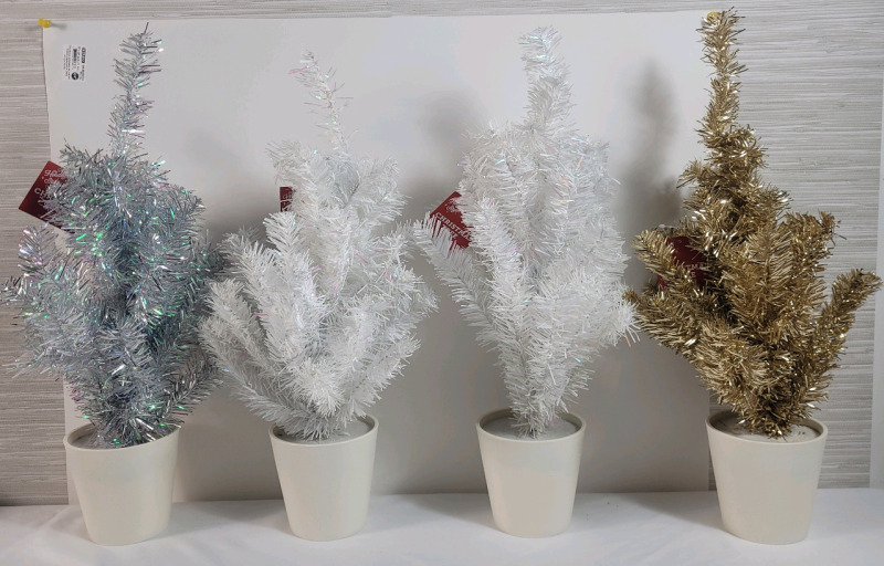 4 New Holiday Style Mini Potted Christmas Trees . Measures 19" Tall Each