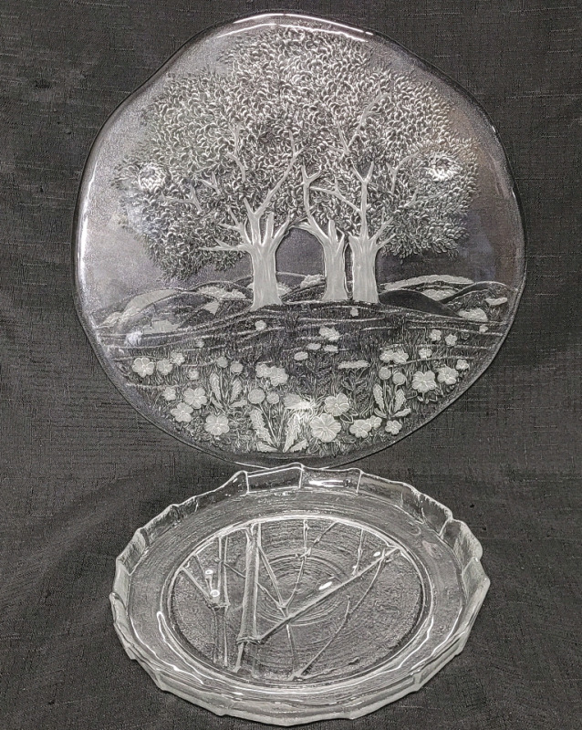 Vintage Kosta Boda 13 1/4" Frosted " Trees " Platter & Kosta Boda 9 3/4" " Tree Branches " Serving Plate .