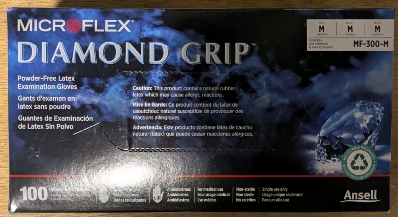 10 New Packs: Size M - Microflex Diamond Grip - Powder Free Latex Examination Gloves - 100 Gloves per Pack