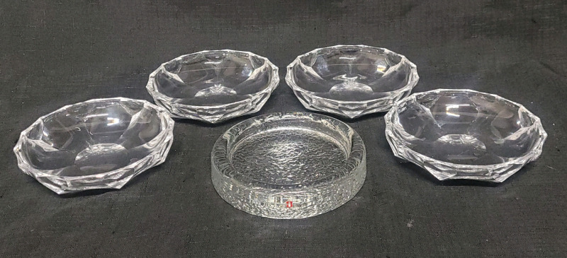 Four (4) MCM Josephinenh&uuml;tte German Lead Crystal Candy Dishes & Iittala Finland Crystal Wine Bottle Holder