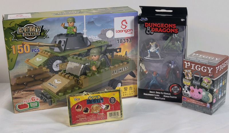 New - Children's Toys - Army Action Building Blocks , Dungeons & Dragons Diecast Figures , Piggy Light-Up Clips and Gold Dig-It Bar