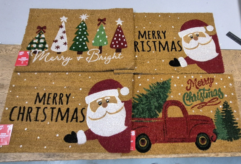 4 New Holiday Style Non Skid Indoor Christmas Coir Doormats 18 by 27"