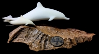 Vintage Signed John Perry Dolphin with Calf on Burl Wood Base with Original Info Card - 6.5" Long x 3.25" Tall