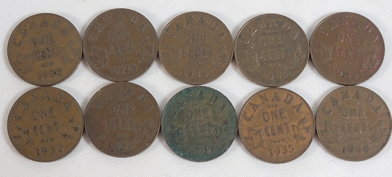 1920 - 1936 Canadian King George V Small One Cent Pennies . 1920 , 1928 , 1929 , 1931 , 1932 &times;2 , 1933 , 1934 , 1935 & 1936 . Ten (10) Coins