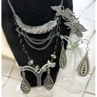 Drop Feather Necklace Rhinestone Bead / Two Teardrop Pietced Earrings/ Rhinestone Butterfly Clip