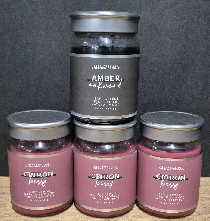 4 New Essential Oil Infused Candles- 510g Citron Berry & Anber Oakwood