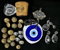 Vintage Treasures! Signed Caithness Art Glass Pebble Paperweight, Military & Police Buttons, Mini Buttons, Fancy Hamsa Evil Eye Art Glass & Metal, Chandelier Prism Pendalogues, Mini Wood Hygeia Hotel Souvenir Bucket