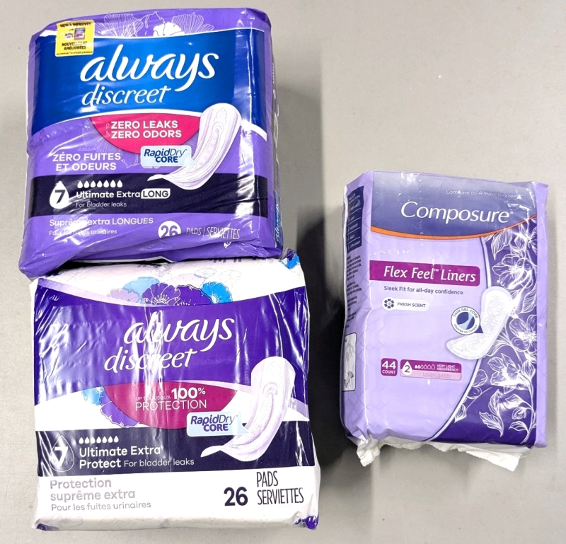 2 New Packs ALWAYS Discreet Pads (26 per Pack) + Composure Flex Feel Liners (44 Count)
