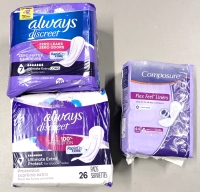 2 New Packs ALWAYS Discreet Pads (26 per Pack) + Composure Flex Feel Liners (44 Count)