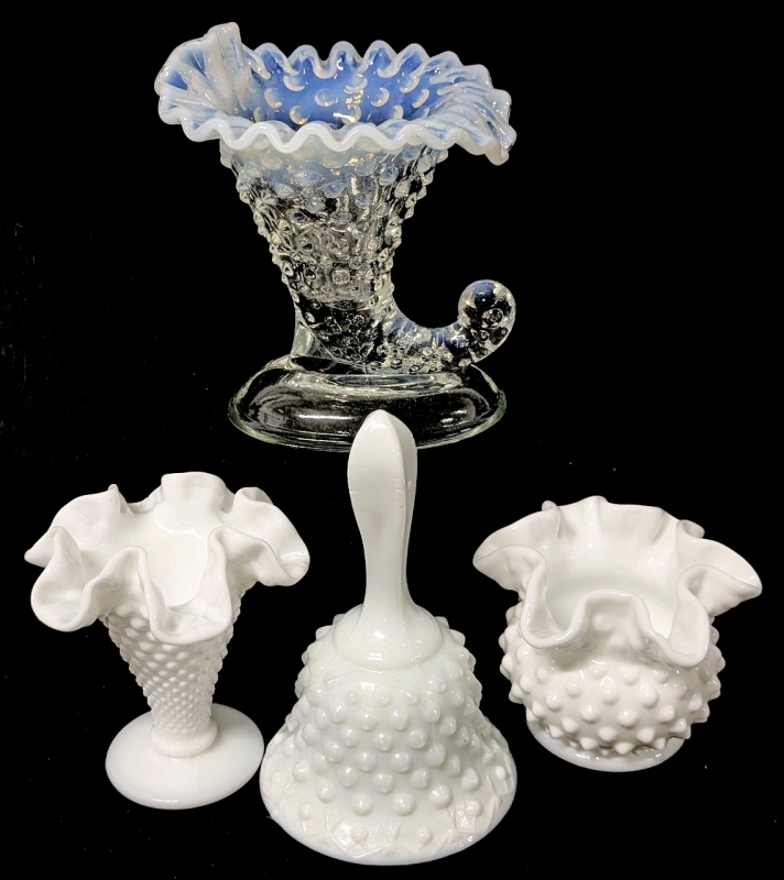 4 Vintage Unsigned Fenton Hobnail Pieces: Milk Glass Hand Bell, Ruffled Vase, Jar + Opalescent Ruffled Rim Cornucopia Boot Vase | Up to 5.75" Tall