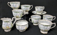 ROYAL ALBERT Silver Pine Creamer, Sugar Dish, Saucer & 9 Cups