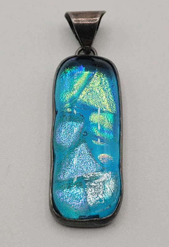 Vintage Turquoise Iridescent Dichroic Glass Pendant in Sterling Silver Setting .