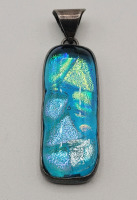Vintage Turquoise Iridescent Dichroic Glass Pendant in Sterling Silver Setting .