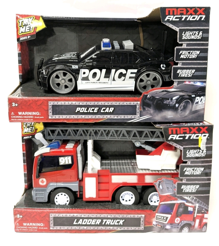 2 New MAXX Action Toy Cars 9" Long - Friction Motor, Lights & Sounds, Rubber Tires : Police Car & Ladder Truck