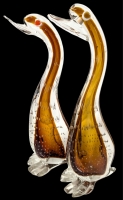 Pair of Vintage Murano-Style Art Glass Geese with Amber Interiors and Boliconti Controlled Bubbles - 12.5" Tall ea