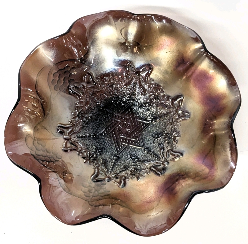 Vintage Signed NORTHWOOD STAR OF DAVID Bows & Grapes Amethyst Carnival Glass Footed Dish - 8.25" x 3.25" Tall