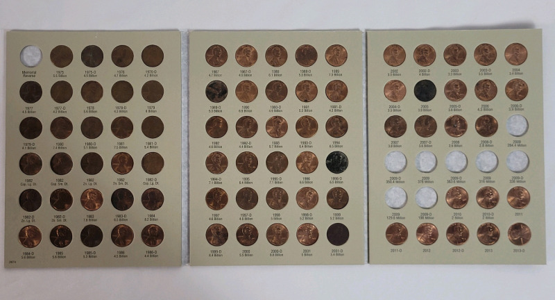 1975 - 2013 USA Lincoln One Cent Pennies in Coin Collector Book . Not all slots checked for correct coin