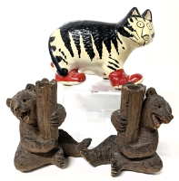 3 Vintage Items Pair of Swiss Chalet Minerva Egger & Br&uuml;gger Carved Bear Candle Holders & B Kliban Cat in Shoes Piggy Bank - Up to 4.3" Tall