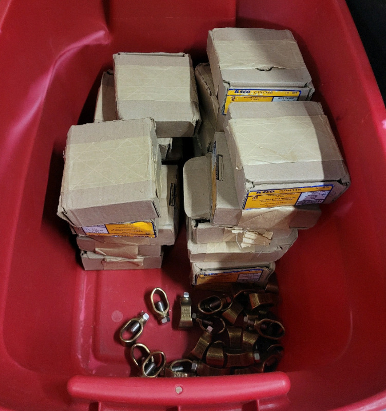 220+ New Ilsco Bronze Ground Rod Clamps . Suitable for Bural in Earth or Concrete . Model # CPH34S . Includes Red Bin w/No Lid