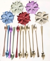 12 MCM Vintage 7.75" Long Anodized Aluminum Leaf Detail Stir Stick Spoons + 5 Matching Ashtrays / Spoon Rests 3.8" Diameter