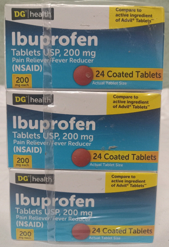 3 New Bottles | DG Health Ibuprofen 200mg | each bottle contains 24 Coated Tablets