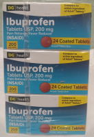 3 New Bottles | DG Health Ibuprofen 200mg | each bottle contains 24 Coated Tablets