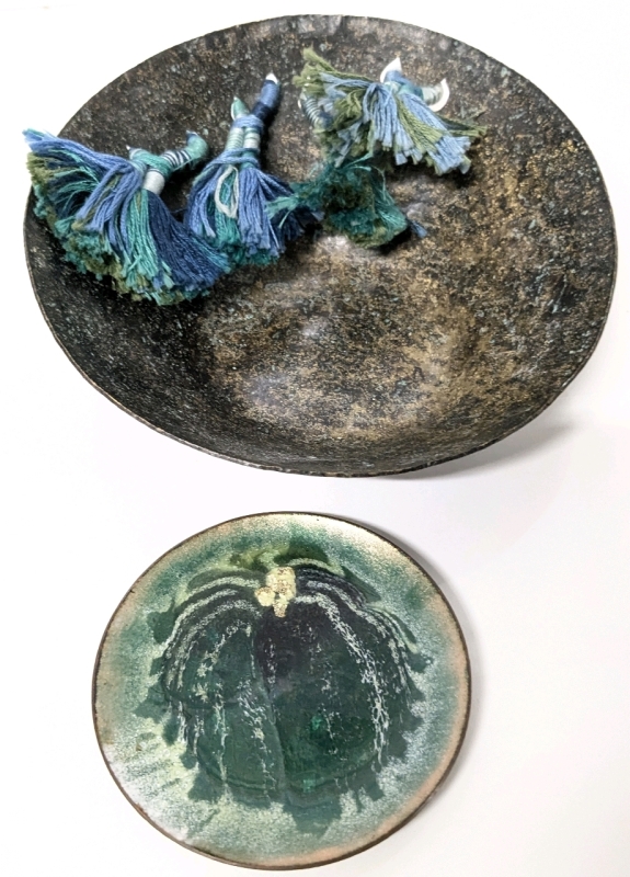 Neat Presumed Copper Patinated Bowl with Attached Bound Tassels + Small Enameled Copper Dish - 3.3" - 6.16" Diameter