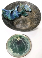Neat Presumed Copper Patinated Bowl with Attached Bound Tassels + Small Enameled Copper Dish - 3.3" - 6.16" Diameter