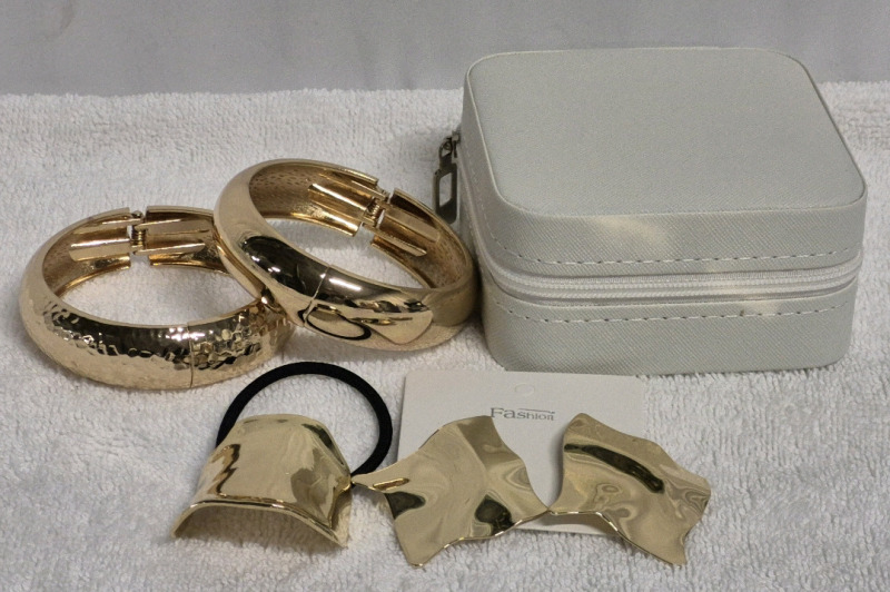 New Gold Tone Jewelry Lot- Bangles, Earrings, Hair Tie & Travel Jewelry Box 3.75"x4"x2"
