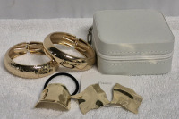 New Gold Tone Jewelry Lot- Bangles, Earrings, Hair Tie & Travel Jewelry Box 3.75"x4"x2"