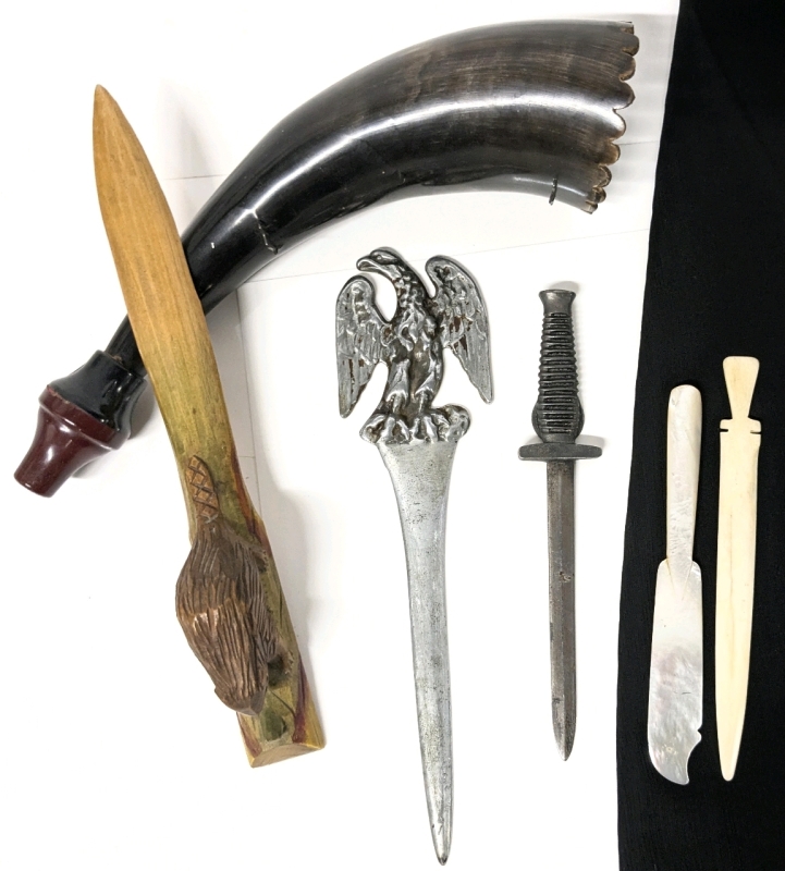 Vintage Buffalo Horn Cornucopia/Decoy Horn + 5 Letter Openers : Wood, Metal, Bone & Iridescent - Up to 9" Long