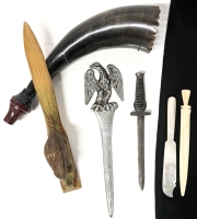 Vintage Buffalo Horn Cornucopia/Decoy Horn + 5 Letter Openers : Wood, Metal, Bone & Iridescent - Up to 9" Long
