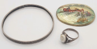 Vintage Silver Lot . Sterling Silver Bracelet , Silver Ring (size 9) & Holiday Brooch w/Silver Back . Ring and Brooch Unmarked