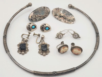 Sterling Silver & Silver Earing Sets (5) & Faded Mark Choker . 3 Earing Sets marked .