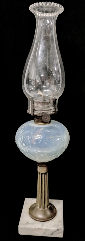 Vintage Opalescent Daisy Kerosene Hurricane Lamp with Brass & Marble Base - 18.25" Tall