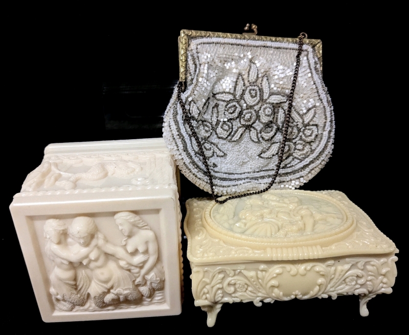 Possibly Antique Celluloid Box with Sapphic Scenes of Women and Mermaids, Small Footed Celluloid Jewelry Box, Intricately Hand Beaded Clutch Purse Made in France - Mermaid Box 3.5" x 3.5" x3.5"