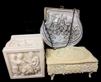 Possibly Antique Celluloid Box with Sapphic Scenes of Women and Mermaids, Small Footed Celluloid Jewelry Box, Intricately Hand Beaded Clutch Purse Made in France - Mermaid Box 3.5" x 3.5" x3.5"
