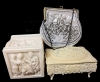 Possibly Antique Celluloid Box with Sapphic Scenes of Women and Mermaids, Small Footed Celluloid Jewelry Box, Intricately Hand Beaded Clutch Purse Made in France - Mermaid Box 3.5" x 3.5" x3.5"